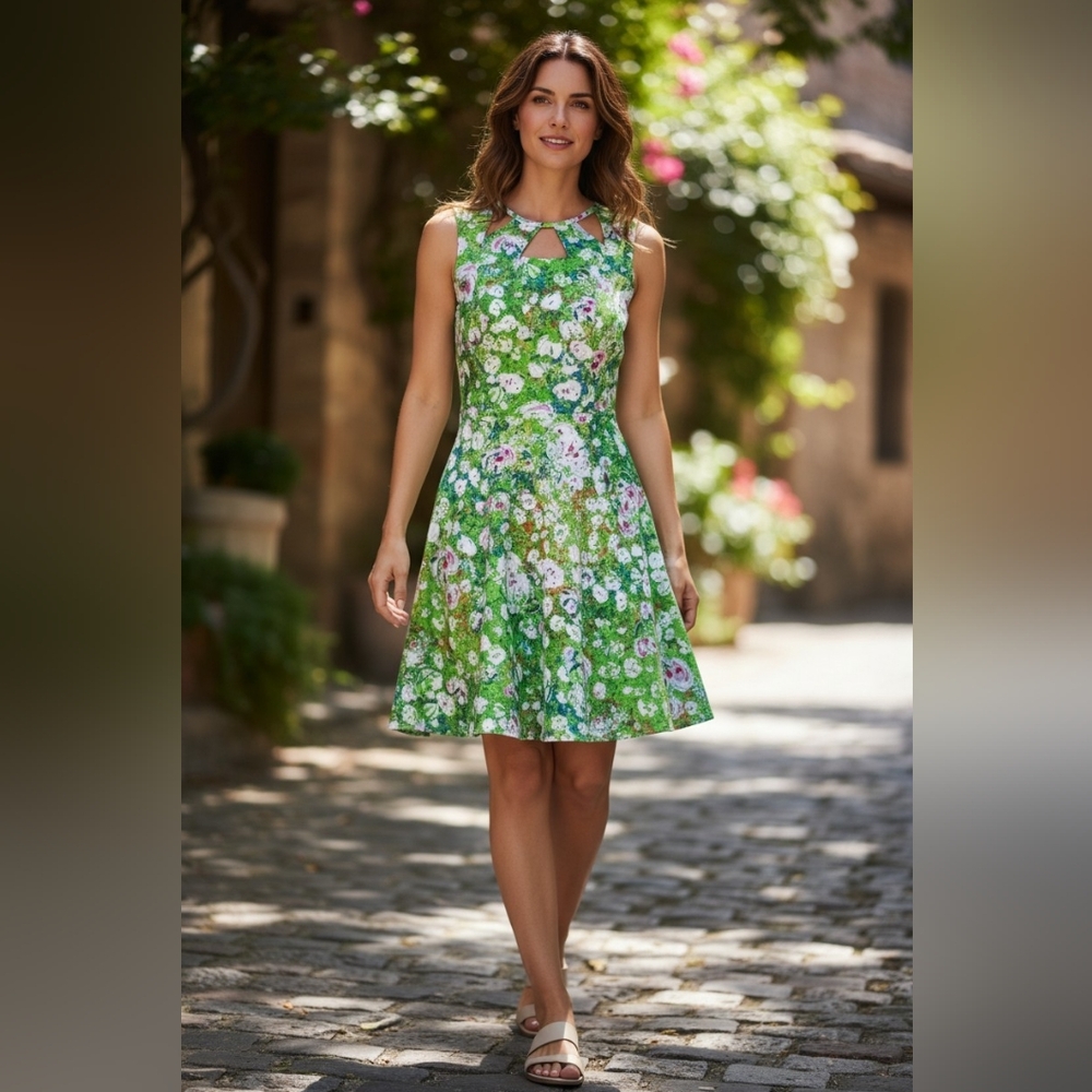 Dress Barn Floral Dress Mini Impressionist Cut Out Fit & Flare Summer Green Chic